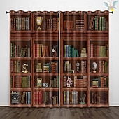 preiswerte Blackout -Vorhang-Vintage Bücherregal Verdunkelungsvorhänge Türisolierung Außenbalkon Rest Wohnzimmer Wohndekoration 2-teiliges Set mit 3D-Digitaldruck perforiert