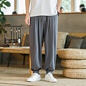 baratos Lar-Homens Calças de linho Calça verão Calça casual Bolsos Côr Sólida Respirável Comprimento total Esportes Relaxantes Casual Ajuste Largo Preto Azul Profundo Sem Elasticidade