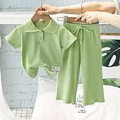 preiswerte Sets-2 Stück kinderkleidung Mädchen Feste Farbe Hosenanzug einstellen Kurzarm Modisch Outdoor 3-7 Jahre Sommer Rosa Grün Grau