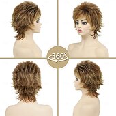 economico parrucca più vecchia-parrucche di capelli corti con taglio pixie per donne bianche parrucca sintetica a strati ondulati marroni misti biondi con frangia parrucca da festa quotidiana dall&#039;aspetto naturale