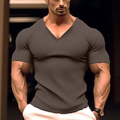 preiswerte Geripptes Strick-T-Shirt-Herren T Shirt Geripptes Strick-T-Shirt T-Shirt Kurze Ärmel V Ausschnitt Sommer Einfach Grubenstreifen Mode Designer Basic Knöpfe Urlaub Straße Ausgehen Schwarz Weiß Marinenblau Top T-Shirt für Herren