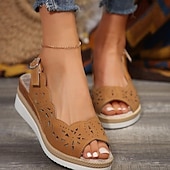 abordables Sandales Décontractées-Sandales compensées pour femmes, sandales à plateforme ajourées, bout ouvert, sangle arrière, noir, marron vin