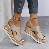 cheap Casual Sandals-Women&#039;s Glitter Wedge Sandals – Open-Toe Design with Cut-Out Details, Adjustable Strap, and Platform Sole, Perfect for Summer Parties and Casual Outings