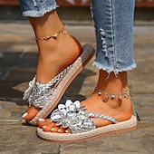 cheap Vacation Sandals-Women&#039;s Colorful Bohemian Flower Sandals – Handmade Woven Slip-On Flats for Beach &amp; Summer Casual Wear