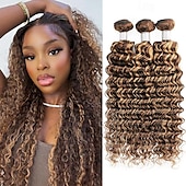 cheap 3 Bundles Human Hair Weaves-Ishow Highlight Deep Wave Bundles P4/27 Ombre Brown Human Hair Bundles 3/PCS Brazilian Remy Human Hair Extensions For Women