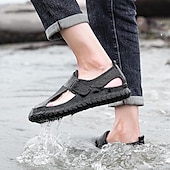 cheap Outdoor Sandals-Men&#039;s Breathable Mesh Leather Sandals – Casual Hook and Loop Outdoor Fisherman Shoes for Summer Walking and Beach Travel