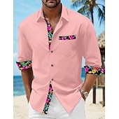 voordelige Vakantie-Voor heren Overhemd linnen overhemd Zomer overhemd Strand Kleding Overhemd met knopen Bloemig Vakantie Curise Zwart Wit Blozend Roze blauw Lange mouw Revers Lente &amp; Herfst Kleding Splits