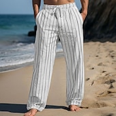 cheap Holiday-Men&#039;s Linen Pants Trousers Summer Pants Drawstring Elastic Waist Straight Leg Stripe Comfort Breathable Outdoor Daily Going out Fashion Casual Sky Blue Khaki