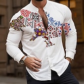 preiswerte Ethnisches Muster-Herren Hemd Knopfhemd Langarm Vintage Brautkleider schlicht Urlaub Täglich Sommer Frühling Stehkragen Opa Kragen 3D-Druck Weiß