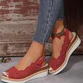 abordables Sandales Décontractées-Sandales compensées pour femmes, sandales à plateforme ajourées, bout ouvert, sangle arrière, noir, marron vin
