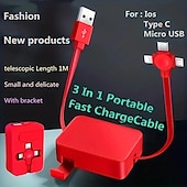 お買い得  スマホケーブル-Android および Apple 用の引き込み式 3-in-1 データ ケーブル Type-C 充電収納ケーブル