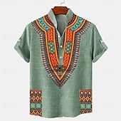 cheap Classic-Men&#039;s Linen Shirt Henley Shirt Retro Shirts Vintage Shirt Ethnic Shirt Ethnic Vacation Daily Blue Green Khaki Short Sleeve Mandarin Collar Summer Spring Clothing Apparel Print
