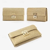 preiswerte Clutches &amp; Taschen für die Abendgarderobe-Damen Clutch Abendtasche Handgelenk-Tasche Strohsack Umschlagtasche Stroh Party Hochzeitsfeier Strand Schnalle Hohe Kapazität Feste Farbe Gestreift Schwarz Aprikose