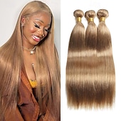 cheap 3 Bundles Human Hair Weaves-#27 Honey Blonde Human Hair Extensions Remy Hair Weave Pre-Colored Brazilian #27 Straight Bundles Hair Weaving 3PCS