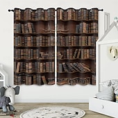 preiswerte Blackout -Vorhang-Vintage Bücherregal Verdunkelungsvorhänge Türisolierung Außenbalkon Rest Wohnzimmer Wohndekoration 2-teiliges Set mit 3D-Digitaldruck perforiert