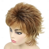 economico parrucca più vecchia-parrucche di capelli corti con taglio pixie per donne bianche parrucca sintetica a strati ondulati marroni misti biondi con frangia parrucca da festa quotidiana dall&#039;aspetto naturale