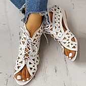 cheap Vacation Sandals-Women&#039;s Black Cut-Out Lace-Up Sandals - Stylish Wedge Heels with Geometric Patterns for Fashionable Summer Outfits