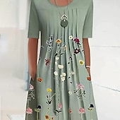 cheap Floral Dress-Women&#039;s Midi Dress Casual Dress Shift Dress Floral Ruched Print Crew Neck Basic Daily Short Sleeve Summer Spring