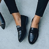 cheap Women&#039;s Slip-Ons &amp; Loafers-Black Casual Slip-On Loafers for Women – Comfortable Suede and Crocodile Pattern Design, Stylish Everyday Footwear
