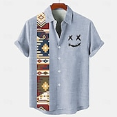 abordables Classique-Homme Chemise Lin chemises rétro Chemise Vintage Chemise ethnique Visage souriant Extérieur Casual Bleu Marron Vert Manche Courte Mao Eté Printemps Vêtement Tenue Imprimer