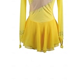 cheap Figure Skating Dresses-Figure Skating Dress Women&#039;s Girls&#039; Ice Skating Dress Yellow Patchwork Thumbhole Mesh Spandex Stretchy Training Practice Professional Skating Wear Thermal Warm Crystal / Rhinestone Long Sleeve Ice
