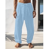 cheap Holiday-Men&#039;s Linen Pants Trousers Summer Pants Front Pocket Straight Leg Plain Comfort Breathable Full Length Casual Daily Holiday Fashion Basic Black White