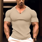 preiswerte Geripptes Strick-T-Shirt-Herren T Shirt Geripptes Strick-T-Shirt T-Shirt Kurze Ärmel V Ausschnitt Sommer Einfach Grubenstreifen Mode Designer Basic Knöpfe Urlaub Straße Ausgehen Schwarz Weiß Marinenblau Top T-Shirt für Herren