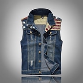 preiswerte Men&#039;s Vest-Herren Weste Jeansweste Freizeitskleidung Urlaub Ausgehen Modisch Basic Frühling &amp; Herbst Taste Tasche Baumwollmischung Komfortabel Nationalflagge Einreihiger Verschluss Kargen Regular Fit Blau Weste