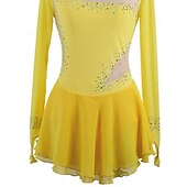cheap Figure Skating Dresses-Figure Skating Dress Women&#039;s Girls&#039; Ice Skating Dress Yellow Patchwork Thumbhole Mesh Spandex Stretchy Training Practice Professional Skating Wear Thermal Warm Crystal / Rhinestone Long Sleeve Ice