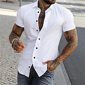 abordables camisa con botones para hombre-Hombre Camisa Camisa de verano Abotonar la camisa gris azul Negro Blanco Amarillo Rosa Manga Corta Letra Cuello Vuelto Calle Casual Abotonar Ropa Mezcla de Algodón Moda Casual Cómodo
