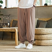 baratos Lar-Homens Calças de linho Calça verão Calça casual Bolsos Côr Sólida Respirável Comprimento total Esportes Relaxantes Casual Ajuste Largo Preto Azul Profundo Sem Elasticidade