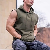 billige Treningsskjorter uten armer-Herre Singleter Vest topp Underskjorte Ermeløs skjorte Ermeløs Med hette Vår sommer عادي Mote Designer Grunnleggende Lomme foran Feriereise Gate Ut på byen Svart Militærgrønn Grå Topp T-skjorte for