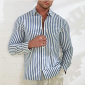 preiswerte Herren Elite Hemden-Herren Hemd Sommerhemd Freizeithemd Knopfhemd Schwarz Blau Langarm Streifen Revers Urlaub Alltagskleidung Bekleidung Baumwolle 100% Baumwolle Mode Hawaiianisch Lässig