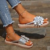 cheap Vacation Sandals-Women&#039;s Colorful Bohemian Flower Sandals – Handmade Woven Slip-On Flats for Beach &amp; Summer Casual Wear
