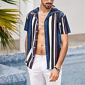 abordables camisa con botones para hombre-Hombre Camisa Camisa de verano Camisa casual Camisa de playa Abotonar la camisa Camisas de rayas Azul Piscina Verde Trébol Chocolate Café Manga Corta Rayas cuello de campamento Vacaciones Hawaiano