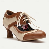 olcso 1950-es évek-vintage oxford fűzős női brogue-sarkú – kéttónusú retro stílusú cipő elegáns virágos talpbetéttel és cicasarokkal formális és hétköznapi alkalmakra