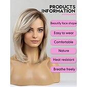 baratos peruca mais velha-Perucas bob na altura dos ombros para mulheres com divisão lateral curta loira natural, perucas sintéticas resistentes ao calor