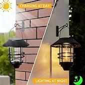preiswerte Außenwandleuchten-LED Außenwandleuchte Solarlampen Wolfram-Glühbirne, schwarze Wandlampe mit Stromversorgung, Retro-Laterne für den Außenbereich, hängende Wandlampe, wasserdicht, Retro-Solar-Gartenlampe aus Metall,