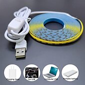 abordables Bandes lumineuses cob-Bande lumineuse LED COB USB 5 V étanche, bande lumineuse LED souple et flexible à haute brillance avec interrupteur USB 3,28 à 16 pieds (1-5 m) 480 LED/mètre, bande lumineuse de sécurité auto-adhésive