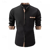 Men's Shirt Chinese Collar Shirt Mandarin Collar Shirt Summer Shirt Casual Shirt Beach Shirt Black White Pink Navy Blue Long Sleeve Plaid Color Block Grandad Collar Lapel Vacation Hawaiian Front4