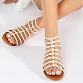cheap Casual Sandals-Women&#039;s Brown Gladiator Sandals – Strappy Flat Summer Shoes with Open-Toe Design for Casual Beach &amp; Vacation Wear