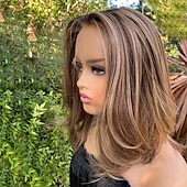 voordelige Pruiken van echt haar, met kanten voorzijde-Remy mensenhaar 4x13 Sluiting Pruik Korte bob Braziliaans haar Recht Meerkleurig Pruik 130% 150% Haardichtheid met babyhaar Haar met highlights / balayage 100% Maagd Pre-geplukt Voor Dames Lang