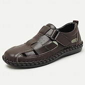 billige Kjole sandaler-Herre Sandaler fiskere sandaler Fritid Strandstil Lær Pustende Bekvem Sklisikker Nylonteip Spenne Svart kaffe