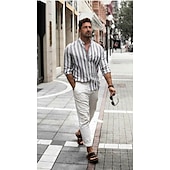 preiswerte Business Casual-Herren Hemd Leinenhemd Sommerhemd Freizeithemd Strandhemd Knopfhemd Gestreift Urlaub Ferien Schwarz Gelb Rosa Rot Langarm Umlegekragen Frühling &amp; Herbst Bekleidung Button-Down