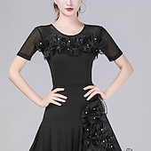 お買い得  ラテンダンスウェア-ラテンダンス ボールルームダンス 上着 ピュアカラー ラッフル スプライシング 女性用 性能 訓練 半袖 ハイウエスト ポリエステル