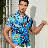 billige Ocean Print-Herre Landskap Tropisk Fisk Skjorte Hawaii skjorte Camp skjorte Kortermet Skjorte Aftæpning Mote Hawaiisk Designer utendørs Gate Avslappet Svart Navyblå Marineblå 3D-utskrift S M L