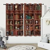 preiswerte Blackout -Vorhang-Vintage Bücherregal Verdunkelungsvorhänge Türisolierung Außenbalkon Rest Wohnzimmer Wohndekoration 2-teiliges Set mit 3D-Digitaldruck perforiert