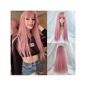 cheap Synthetic Trendy Wigs-Synthetic Wig Natural Straight Neat Bang Wig 24 inch Pink+Red Synthetic Hair Women&#039;s Pink