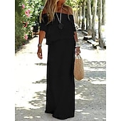 preiswerte Kleider aus Baumwolle und Leinen entwerfen-Damen Maxikleid Leinen-inspirierte Kleider Weißes Kleid Freizeitkleid Sommerkleid Streetwear Maxi Lässig Urlaub Straße Ferien Normale Passform Halbarm Schulterfrei Schwarz Weiß Rote Khaki Sommer
