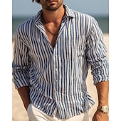 economico camicia da uomo con bottoni-Per uomo Camicia Camicia Estiva Camicia casual Camicia da Spiaggia Camicia con Bottoni Camicie a righe Blu Kaki Manica Lunga A righe Collo ripiegato Vacanza Camicia hawaiana Abbigliamento Poliestere